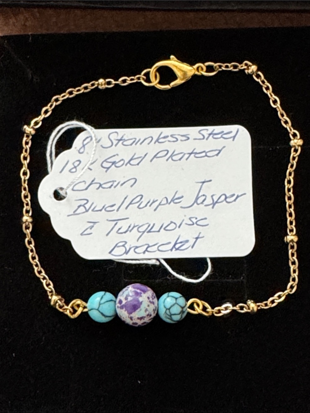 Handmade Gold-Tone Bracelet with Blue Turquoise and Purple Jasper Beads